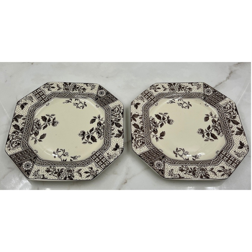 Two's Company Brown and White Transferware Octagonal Floral Plates Set of 2
